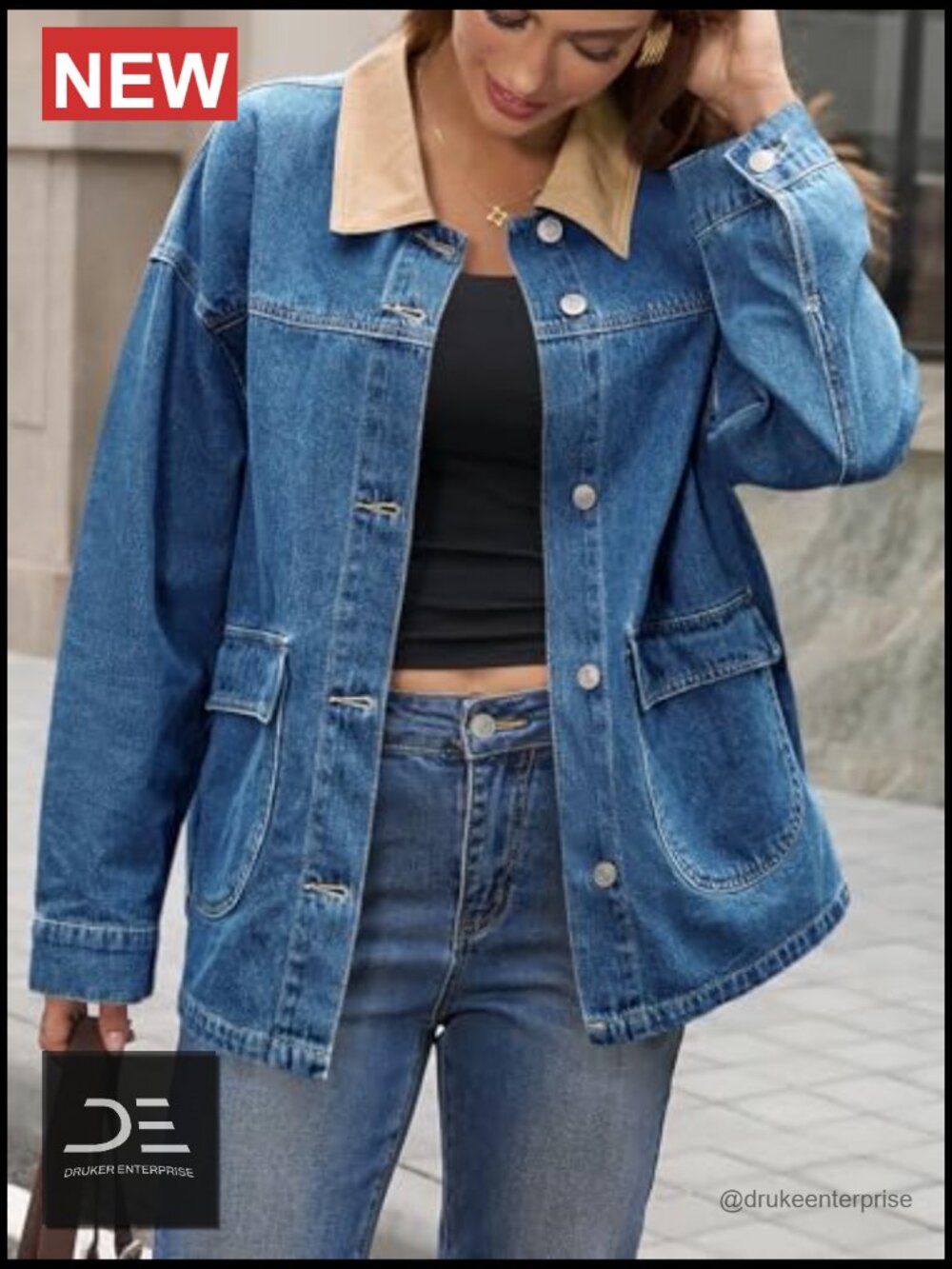 Oversized Denim Jacket with Contrast Canvas Collar - Picture 6 of 6